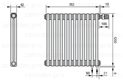 Схема (чертеж) Радиатор Zehnder Charleston 2120/12 №V002 Белый глянцевый RAL 9016